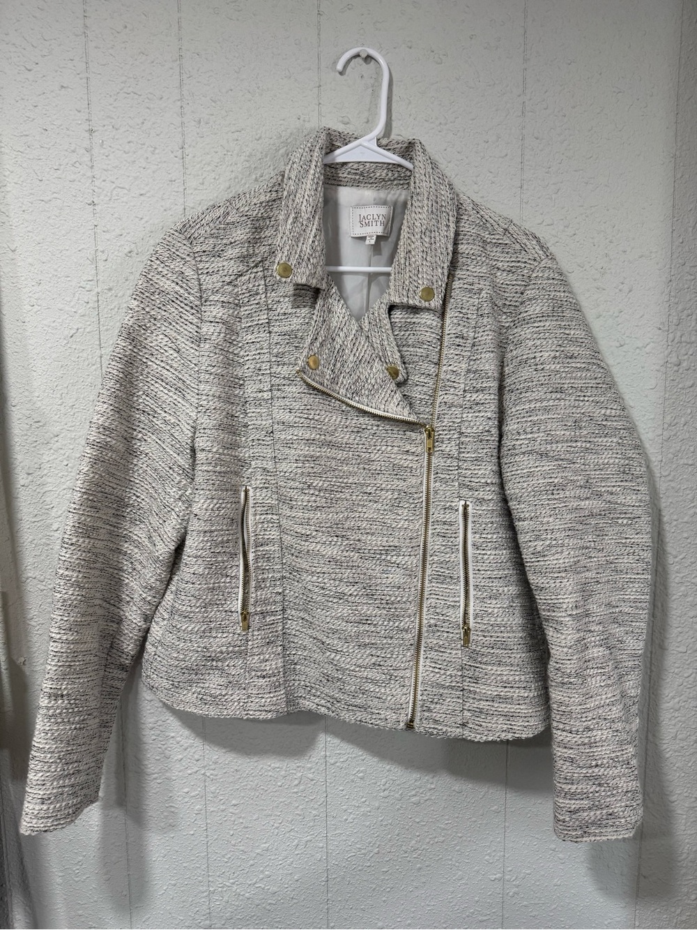 Jaclyn Smith Cream & Gray Tweed Moto Blazer with Gold Hardware